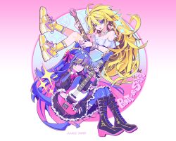 2girls absurdres ahoge black_boots black_dress blonde_hair blue_eyes blue_hair blue_thighhighs boots bow dress frilled_dress frills guitar hair_bow highres holding holding_instrument instrument knee_boots long_hair multiple_girls panty_&amp;_stocking_with_garterbelt panty_(psg) pink_hair puffy_short_sleeves puffy_sleeves senjouhara_nira shoes short_sleeves stocking_(psg) thighhighs very_long_hair white_dress yellow_shoes