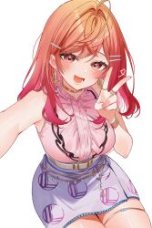 1girl :d =_hair_ornament absurdres ahoge blouse center_frills colored_inner_hair commentary crossed_bangs earrings frills gold_choker gradient_hair hair_ornament hairclip hand_up hashtag-only_commentary highres hololive hololive_dev_is ichijou_ririka ichijou_ririka_(1st_costume) jewelry long_hair miniskirt multicolored_hair multiple_rings open_mouth orange_eyes orange_hair outstretched_arm pencil_skirt pink_hair pink_shirt purple_skirt reaching reaching_towards_viewer ring shirt shirt_tucked_in simple_background skirt sleeveless sleeveless_shirt smile solo swept_bangs thighlet uekana9 v virtual_youtuber watch white_background wristwatch