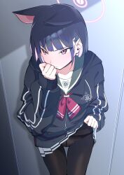 1girl animal_ears black_hair black_jacket black_panties black_pantyhose blue_archive blush cat_ears closed_mouth clothes_lift collarbone commentary_request extra_ears green_sailor_collar hair_ornament hairclip halo highres hood hood_down hooded_jacket jacket kazusa_(blue_archive) lifting_own_clothes long_sleeves looking_at_viewer miniskirt neckerchief panties panties_under_pantyhose pantyhose pleated_skirt red_eyes red_neckerchief sailor_collar short_hair skirt skirt_lift solo standing underwear v-shaped_eyebrows white_skirt yamamoto_kichiko