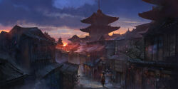 Rule 34 | 1girl, architecture, blue sky, cherry blossoms, cloud, east asian architecture, flaviobolla, from behind, original, painterly, road, scenery, sky, sun, sunset, town, walking