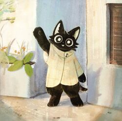 1boy arm_up black_fur bright_pupils cat_boy checkered_clothes furry furry_male highres house nabatabatabata open_mouth original outdoors plant salute solo standing white_pupils