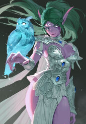Rule 34 | 1girl, armor, armored dress, bird, bird on hand, blue gemstone, breasts, cleavage, closed mouth, colored skin, crescent, crescent facial mark, dress, elf, facial mark, fingernails, floating hair, gem, green hair, highres, long eyebrows, long fingernails, long hair, medium breasts, ori dal, owl, pelvic curtain, pointy ears, ponytail, purple skin, solo, tyrande whisperwind, vambraces, warcraft, white eyes, world of warcraft