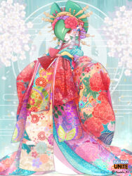 1girl artist_name blue_background blush bow-shaped_hair cherry_blossoms clothed_pokemon colored_skin copyright_name egasumi female_focus floral_print flower gardevoir gen_3_pokemon green_hair hair_flower hair_ornament hair_over_one_eye hair_stick happy highres japanese_clothes kimono long_sleeves looking_at_viewer multicolored_kimono nintendo one_eye_covered open_mouth petals poke_ball_theme pokemon pokemon_(creature) pokemon_unite red_eyes red_flower short_hair signature smile solo standing suahh twitter_username white_flower white_skin wide_sleeves