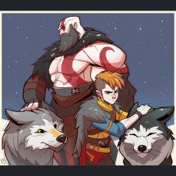 Rule 34 | 2boys, animal ears, armor, atreus, bald, bandaged wrist, bandages, beard, belt, blue eyes, blue shirt, bodypaint, broad shoulders, brown hair, cloak, facial hair, father and son, fingerless gloves, full beard, fur cloak, gloves, god of war, hand on another&#039;s head, highres, kratos (god of war), leather armor, multiple boys, muscular, muscular male, nipples, rominatempest, shirt, snowing, undercut, vambraces, whiskers, wolf, wolf ears, yellow belt