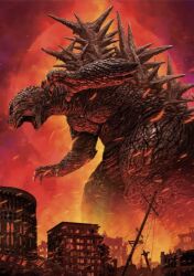 Rule 34 | claws, debris, destruction, dinosaur, embers, fire, full moon, giant, giant monster, godzilla, godzilla (series), godzilla minus one, kaida yuji, kaiju, monster, moon, movie theater, night, nippon theater, no humans, official art, open mouth, real world location, rubble, sharp teeth, smoke, spikes, tail, teeth, toho, tongue, yellow eyes