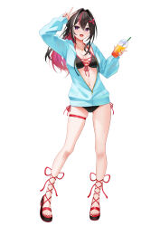 1girl :d absurdres alternate_costume arm_up asymmetrical_sidelocks azki_(hololive) bikini black_bikini black_hair blue_jacket breasts colored_inner_hair commentary_request cross-laced_bikini cross-laced_clothes cup double-parted_bangs drink front-tie_bikini_top front-tie_top gluteal_fold hair_intakes hair_ornament hairclip hand_up highres holding holding_cup holding_drink hololive hood hooded_jacket jacket jewelry medium_breasts mole mole_under_eye multicolored_hair nail_polish navel necklace open_mouth partially_unzipped pink_hair platform_sandals purple_eyes red_nails sandals side-tie_bikini_bottom sidelocks smile solo streaked_hair swimsuit telu_(teluscarlet) thigh_strap toenail_polish toenails v virtual_youtuber white_hair