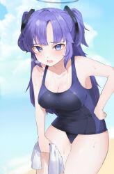 1girl blue_archive breasts cleavage hair_ornament halo highres holding holding_towel leaning_forward long_hair mam_a103 open_mouth purple_eyes purple_hair school_swimsuit solo swimsuit towel wet wet_clothes wet_swimsuit yuuka_(blue_archive)