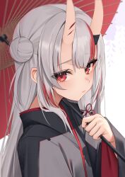 1girl absurdres alternate_costume black_kimono center-flap_bangs closed_mouth commentary_request grey_hair hair_between_horns hair_bun highres holding holding_umbrella hololive horns japanese_clothes kimono long_hair looking_at_viewer multicolored_hair nakiri_ayame oil-paper_umbrella oni red_eyes red_hair red_umbrella side_up_bun sidelocks single_hair_bun skin-covered_horns solo streaked_hair thomas_8000 umbrella upper_body virtual_youtuber wide_sleeves