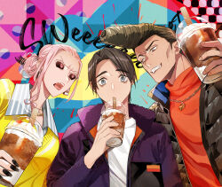 1girl 2boys black_eyes black_hair black_jacket black_nails black_sclera collared_jacket colored_sclera cup drinking drinking_straw drinking_straw_in_mouth grin hair_bun hand_up highres holding holding_cup ishigori_ryu jacket jewelry jujutsu_kaisen long_sleeves looking_at_another multiple_boys necklace okkotsu_yuuta open_mouth pink_hair pompadour purple_jacket red_eyes red_shirt s_o_i shirt short_hair short_hair_with_long_locks smile teeth turtleneck upper_body uro_takako v-shaped_eyebrows white_shirt yellow_shirt