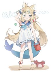 1girl :3 ahoge animal_ear_fluff animal_ears arm_up blonde_hair blue_eyes blue_hair blue_nails blue_neckerchief blue_sailor_collar blunt_bangs blush bucket cat_ears closed_mouth commentary crab dress english_commentary feet fins fish_girl fish_tail floating_hair hair_ornament highres holding holding_bucket holding_shell indie_virtual_youtuber jamama long_hair looking_at_viewer low_twintails multicolored_hair nail_polish neckerchief sailor_collar sailor_dress sameko_saba sandals seashell shell sidelocks simple_background sleeveless sleeveless_dress smile solo standing streaked_hair tail toenail_polish toenails toes twintails very_long_hair virtual_youtuber white_background white_dress