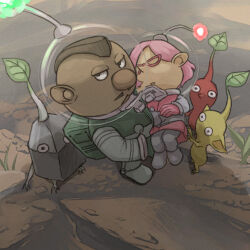 Rule 34 | 1boy, 1girl, backpack, bag, black eyes, black skin, brittany (pikmin), brown hair, buttons, carrying, charlie (pikmin), closed eyes, colored skin, commentary request, crack, dark-skinned male, dark skin, determined, facial hair, full body, gauge, glasses, gloves, grass, green bag, green gloves, half-closed eyes, helmet, leaf, looking at viewer, miniskirt, mohawk, mustache, naru (wish field), nintendo, no mouth, parted lips, pikmin (creature), pikmin (series), pikmin 3, pink gloves, pink hair, pink skirt, pointy ears, pointy nose, princess carry, radio antenna, red-framed eyewear, red pikmin, red skin, rock, rock pikmin, shadow, short hair, skirt, space helmet, spacesuit, standing, unconscious, very short hair, whistle, yellow pikmin, yellow skin