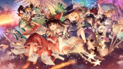 6+girls adapted_costume ankle_boots ascot bare_shoulders bell black_capelet black_hair blonde_hair blue_bow blue_skirt blue_vest boots bow braid broom broom_riding brown_eyes brown_hair buttons capelet closed_eyes closed_mouth commentary_request detached_sleeves fireworks floating_hair frilled_bow frilled_shirt_collar frilled_skirt frills full_body game_cg glasses gloves green_hair grin hair_between_eyes hair_bow hair_tubes hakurei_reimu hand_up hat hat_bow high_heel_boots high_heels highres holding holding_instrument instrument izayoi_sakuya jingle_bell kagura_suzu kijin_seija kirisame_marisa kochiya_sanae komano_aunn konpaku_youmu layered_sleeves long_hair long_sleeves looking_at_viewer mini-hakkero moriya_suwako multiple_girls nontraditional_miko official_art ofuda one_eye_closed open_mouth orb pleated_skirt purple_hair red_bow red_ribbon red_skirt red_vest reisen_udongein_inaba remilia_scarlet ribbon ribbon-trimmed_sleeves ribbon_trim see-through_clothes shameimaru_aya shide sidelocks single_braid sitting skirt skirt_set smile textless_version third-party_source touhou touhou_danmaku_kagura usami_sumireko vest white_bow white_gloves white_hair wide_sleeves witch witch_hat yakumo_yukari yellow_ascot yellow_eyes yin_yang yin_yang_orb yuki_(popopo)