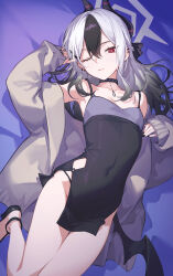 Rule 34 | 1girl, absurdres, arm up, black choker, black dress, black hair, black horns, black nails, black shoes, blue archive, breasts, bright pupils, choker, cleavage, closed mouth, commentary request, demon horns, demon wings, dress, ear piercing, foot out of frame, gradient hair, grey hair, grey halo, grey jacket, hair between eyes, halo, highres, horns, jacket, kayoko (blue archive), kayoko (dress) (blue archive), long hair, looking at viewer, mole, mole on neck, multicolored hair, nail polish, off shoulder, official alternate costume, one eye closed, open clothes, open jacket, piercing, red eyes, shali, shoes, single wing, sleeveless, sleeveless dress, sleeves past wrists, small breasts, solo, strappy heels, studded choker, two-tone dress, white pupils, wings