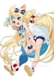 1girl ahoge animal_ear_fluff animal_ears blonde_hair blue_bow blue_eyes blue_nails blue_streaks blunt_bangs bow cat_ears dress fang fins fish_girl fish_tail full_body gotoh_(nekocat) hair_bow highres indie_virtual_youtuber lifebuoy_hair_ornament light_blush long_hair looking_at_viewer low_twintails multicolored_hair open_mouth sameko_saba sandals scrunchie short_shorts shorts sleeveless sleeveless_dress smile solo streaked_hair tail twintails very_long_hair virtual_youtuber white_dress white_shorts wrist_scrunchie