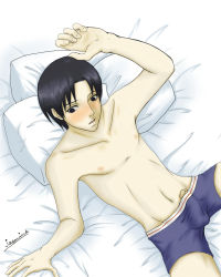 1boy bed black_eyes black_hair blush bulge highres jasmine3030 lying male_focus naruto_(series) naruto_shippuuden nipples on_back penis pillow sai topless_male solo spread_legs uncensored underwear