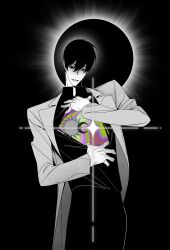 :d benkdjjituibot black_eyes black_hair black_shirt coat collared_shirt crescent_moon dismemberment double-parted_bangs eclipse greyscale grin hair_between_eyes hand_on_own_chest head_tilt highres hole_in_chest hole_on_body looking_at_viewer monochrome moon omniscient_reader&#039;s_viewpoint open_mouth opening rainbow_gradient self-harm shirt shirt_tug short_hair smile solar_eclipse sparkle spot_color sun sun_behind_head twisted_torso vivisection white_coat