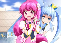 2girls :d aino_megumi black_vest blue_bow blue_eyes blue_hair bow brooch closed_mouth comiket crown cure_lovely cure_princess hair_ornament hair_ribbon happinesscharge_precure! happy heart heart_brooch heart_hair_ornament jewelry jitome long_hair looking_at_viewer magical_girl mattsua mini_crown multiple_girls nervous open_mouth pink_bow pink_eyes pink_hair pink_skirt precure puffy_sleeves raised_eyebrows ribbon shirayuki_hime sidelocks skirt smile tokyo_big_sight twintails upper_body vest wavy_mouth wrist_cuffs