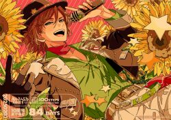Rule 34 | 1boy, belt, blush, braid, bright pupils, brown belt, brown gloves, brown hair, brown hat, brown jacket, collarbone, collared shirt, copyright name, copyright notice, countdown, cowboy shot, cropped jacket, dated, diagonal-striped background, dutch angle, ensemble stars!, floating, floating object, flower, gloves, green eyes, green shirt, hair between eyes, hand up, hat, hexagram, holding, holding microphone, index finger raised, jacket, long sleeves, looking at viewer, looking to the side, male focus, marutiyo, microphone, mikejima madara, music, official alternate costume, official art, open clothes, open jacket, open mouth, pants, parted bangs, pectoral cleavage, pectorals, pink background, print shirt, red scarf, scarf, sheriff (western), sheriff badge, shirt, shirt tucked in, short hair, simple background, singing, single glove, solo, star (symbol), striped background, sunflower, teeth, upper teeth only, v-neck, white pants, white pupils, yellow flower