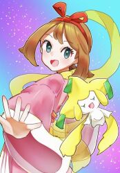Rule 34 | 1girl, :d, bow, bow hairband, brown hair, cosplay, from side, gen 3 pokemon, hair bow, hairband, highres, japanese clothes, jirachi, kimono, legendary pokemon, long sleeves, looking at viewer, may (pokemon), meta-g (curc8737), mythical pokemon, nintendo, open mouth, orihime (tanabata), orihime (tanabata) (cosplay), pink kimono, pokemon, pokemon (creature), pokemon oras, red bow, red hairband, short hair, smile, wide sleeves