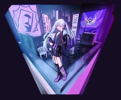 1girl absurdres bandaid bandaid_on_face black_jacket black_shirt black_skirt black_thighhighs floomf frilled_shirt frills grey_hair heterochromia highres hololive hololive_english indoors jacket koseki_bijou koseki_bijou_(casual) leg_warmers long_hair monobloc_(chair) official_alternate_costume official_alternate_hairstyle pink_eyes purple_eyes purple_leg_warmers purple_shoes quilted_jacket shirt shoes single_leg_warmer single_thighhigh skirt solo standing thighhighs twintails virtual_youtuber