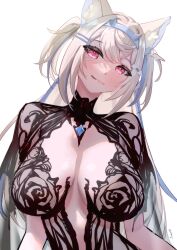 1girl absurdres alternate_costume animal_ear_fluff animal_ears bandaid bandaid_hair_ornament black_dress blonde_hair blue_hair blue_hairband breasts chronopattern_dress closed_mouth dog_ears dog_girl dress fuwawa_abyssgard hair_ornament hairband highres hololive hololive_english horn_hairband large_breasts littleling long_hair multicolored_hair pink_eyes simple_background solo streaked_hair two_side_up virtual_youtuber white_background