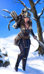 arm_up armor arrow_(projectile) black_hair bow_(weapon) breasts cleavage coat inahime jewelry lips long_hair mitsuya necklace parted_bangs ponytail purple_eyes quiver rock sengoku_musou smile snow tree visor_cap weapon