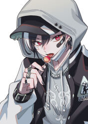 1boy bandaid bandaid_on_cheek bandaid_on_face black_hat black_jacket commentary_request drawstring ear_piercing fang flat_cap grey_hoodie hair_between_eyes hat highres hood hood_up hoodie jacket long_sleeves looking_at_viewer male_focus multicolored_hair open_clothes open_jacket open_mouth original piercing red_eyes simple_background solo suzaku_(zaku6584) tongue tongue_out two-tone_hair upper_body white_background white_hair