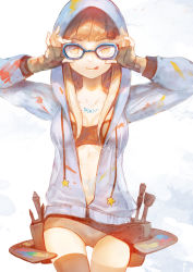 1girl :p adjusting_eyewear belt belt_pouch black_bra black_panties bra breasts commentary_request female_focus fingerless_gloves glasses gloves highres holding holding_removed_eyewear hood hoodie matching_hair/eyes medium_breasts open_clothes open_hoodie orange_eyes orange_hair original paint_splatter paintbrush paint_palette panties pixiv pixiv-tan pouch sibyl solo sports_bra tongue tongue_out underwear unworn_eyewear
