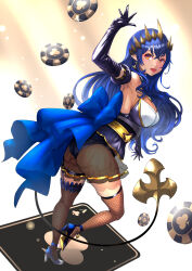 1girl absurdres ace_(playing_card) ace_of_clubs ass back_bow black_gloves black_leotard blue_bow blue_hair blue_shoes blush bow breasts brown_horns card cleavage club_(shape) crossed_bangs dark-skinned_female dark_skin demon_girl demon_horns demon_tail elbow_gloves fishnet_thighhighs fishnets from_behind full_body gloves high_heels highres horns konekoneko_(konekopi) large_bow large_breasts leotard leotard_under_clothes long_hair looking_at_viewer nanashi_inc. open_mouth playing_card pointy_ears poker_chip see-through_clothes see-through_skirt shimamura_charlotte shimamura_charlotte_(1st_costume) shoes skirt smile solo strapless strapless_leotard tail thighhighs virtual_youtuber yellow_background yellow_eyes