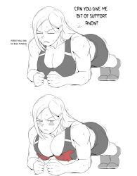 Rule 34 | 1boy, 1girl, breasts, cleavage, closed eyes, coco (setawar), english text, grabbing another&#039;s breast, groping, large breasts, original, planking, solo focus