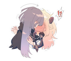 !? 2girls blonde_hair blush chibi collared_dress commentary_request dress duel_monster emptyayya from_side full-face_blush gloves grabbing_another&#039;s_shoulder grey_hair highres kiss long_hair long_sleeves multiple_girls necktie pantyhose scarf sky_striker_ace_-_raye sky_striker_ace_-_roze surprised thighhighs trembling twintails two-tone_dress yu-gi-oh! yuri
