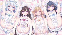 4girls black_hair blonde_hair blue_eyes blue_hair blush bow breasts bride brown_hair choker closed_mouth collar commentary_request dress flower hair_between_eyes hair_flower hair_ornament headdress highres legs_up loli long_hair looking_at_viewer multiple_girls open_mouth original panties pink_eyes purple_eyes smile thighhighs underwear usashiro_mani very_long_hair wedding_dress white_dress white_hair white_panties white_thighhighs wrist_cuffs