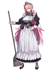 1girl 3_small_spiders alternate_costume apron black_dress black_shoes broom commentary_request dress enmaided full_body girls&#039;_frontline hand_on_own_hip hat holding holding_broom juliet_sleeves long_hair long_sleeves maid maid_apron mob_cap pink_eyes pink_hair puffy_sleeves shoes sig_mcx_(girls&#039;_frontline) simple_background smirk solo standing very_long_hair white_apron white_background