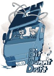 2girls backpack bag blue_theme commentary_request double_bun driving english_text falling frilled_sleeves frills fukurai_azami hair_bun kikkyawa looking_to_the_side motor_vehicle multiple_girls open_mouth rope scared short_hair surprised tomarigi_yasumi toshi_densetsu_kaitai_center turn_pale van white_background