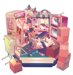1boy animal_ears arcade_cabinet black_shirt black_shorts black_socks box cardboard_box commentary crane_game dark-skinned_male dark_skin diorama fake_animal_ears full_body grey_eyes grey_socks hair_over_one_eye highres jacket legwear_garter male_focus mechanical_ears off_shoulder open_clothes open_jacket open_mouth orange_eyes original ozureiji pink_trim poster_(object) shirt short_hair shorts sleeveless sleeveless_shirt smile socks solo symbol-only_commentary tail television turtleneck turtleneck_shirt white_jacket white_socks