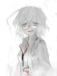 1girl ahoge arms_at_sides bags_under_eyes bleeding blood blue_eyes breasts coat collared_shirt glasses greyscale half-closed_eyes highres hole_in_chest hole_on_body kagaku_chop lab_coat long_sleeves looking_at_viewer medium_hair monochrome nipples notebook open_clothes open_coat open_mouth open_shirt payama pocket shirt short_hair small_breasts smile solo spot_color suzuzono_sai tareme upper_body wavy_hair zipper