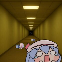3girls backrooms_(creepypasta) blue_hair chasing chibi closed_eyes commentary_request crying fleeing hat hat_ribbon highres indoors inu_sakuya_(nejikirio) izayoi_sakuya mob_cap multiple_girls open_mouth pink_hat red_ribbon remilia_scarlet ribbon saigyouji_yuyuko scared screaming short_hair smiler_(backrooms) tears touhou wide-eyed y75zei