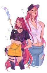 Rule 34 | artist logo, baseball cap, black choker, black hat, black shirt, blue pants, choker, commentary, cropped shirt, ear piercing, english commentary, glaive (polearm), glasses, hat, highres, holding, holding polearm, holding weapon, kpop demon hunters, logo, long hair, looking at viewer, midriff, mira (kpop demon hunters), navel, pants, piercing, pink hair, polearm, round eyewear, samjyx, shirt, simple background, skirt, torn clothes, torn pants, weapon, white background, white shirt, yellow skirt