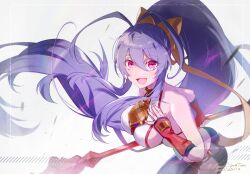 Rule 34 | 1girl, antenna hair, ass, blazblue, blazblue: calamity trigger, blazblue variable heart, breasts, fingerless gloves, genderswap, genderswap (mtf), gloves, hair between eyes, hip vent, holding, holding weapon, large breasts, long hair, mai natsume, medium breasts, open mouth, pink eyes, ponytail, purple hair, sideboob, sidelocks, solo, very long hair, weapon