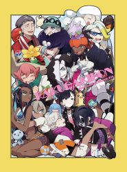 5girls 6+boys allister_(pokemon) asymmetrical_bangs bad_id bad_pixiv_id barefoot bea_(pokemon) bede_(pokemon) belly_chain black_choker black_hair black_hairband black_jacket blue_eyes bodysuit bodysuit_under_clothes brother_and_sister choker commentary_request curly_hair dark-skinned_female dark-skinned_male dark_skin dress earrings fang feather_boa feet freckles gen_2_pokemon gen_6_pokemon gen_8_pokemon goomy gordie_(pokemon) gossifleur grey_hair gym_leader hair_between_eyes hair_bun hair_over_one_eye hair_ribbon hairband hat hatenna highres hoop_earrings hug jacket jewelry kabu_(pokemon) knee_pads long_hair long_sleeves marnie_(pokemon) mask mature_female melony_(pokemon) milcery milo_(pokemon) morpeko morpeko_(full) mother_and_son multicolored_hair multiple_boys multiple_girls necklace nessa_(pokemon) nintendo old old_woman on_head opal_(pokemon) open_clothes open_mouth piers_(pokemon) pink_dress pink_hair pokemon pokemon_(creature) pokemon_on_head pokemon_swsh raihan_(pokemon) red_ribbon ribbon rolycoly shirt short_hair short_sleeves shorts siblings single_hair_bun sinistea sizzlipede smile snom toes towel towel_around_neck two-tone_hair white_hair wooper yukin_(es)