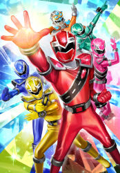 Rule 34 | 2girls, 4boys, aiming, aiming at viewer, assault visor, blue bodysuit, bodysuit, chest jewel, clenched hand, forehead jewel, gem, gloves, goggles, goggles on head, green bodysuit, grey bodysuit, grey helmet, group picture, group pose, helmet, highres, kiramei blue, kiramei green, kiramei pink, kiramei red, kiramei silver, kiramei yellow, kuchibiru keisuke, mashin sentai kiramager, multiple boys, multiple girls, pink bodysuit, red bodysuit, shoulder pads, standing, super sentai, tokusatsu, white gloves, yellow bodysuit
