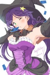 Rule 34 | 1girl, aqua eyes, armpit peek, armpits, bare shoulders, black bow, black bowtie, black gloves, blowing kiss, bow, bowtie, breasts, capelet, card, cross-laced clothes, dancing stars on me!, dated, dress, elbow gloves, female focus, frill trim, frilled dress, frills, gloves, hair ornament, hair ribbon, hairclip, halloween, happy birthday, highres, holding, holding card, long hair, looking at viewer, love live!, love live! school idol project, low twintails, medium breasts, o3o, one eye closed, orange capelet, outstretched arm, puckered lips, purple dress, purple hair, purple ribbon, raised eyebrows, ribbon, sen (sen0910), short dress, simple background, sleeveless, sleeveless dress, solo, sound effects, star (symbol), star hair ornament, strapless, strapless dress, tojo nozomi, tube dress, twintails, upper body, white background