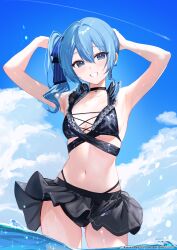 1girl absurdres arm_behind_head armpits arms_up bikini bikini_skirt black_bikini black_choker blue_bow blue_hair blush bow breasts choker highres hololive hoshimachi_suisei looking_at_viewer medium_breasts navel ocean outdoors sakurada_nana side_ponytail smile solo swimsuit virtual_youtuber wading