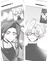 1boy 1girl alien_stage cellphone chinese_commentary choker closed_mouth commentary glasses greyscale highres hyuna_(alien_stage) long_hair looking_to_the_side luka_(alien_stage) monochrome phone short_hair smartphone smile tank_top turtleneck video_call xingyanzi749
