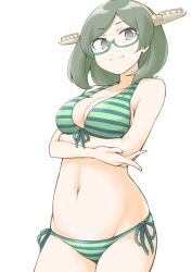 Rule 34 | 1girl, akara kai, bikini, black hair, breasts, collarbone, cowboy shot, glasses, green-framed eyewear, green bikini, hairband, headgear, highres, kantai collection, kirishima (kancolle), long hair, medium breasts, medium hair, navel, purple eyes, short hair, simple background, smile, striped bikini, striped clothes, swimsuit, white background