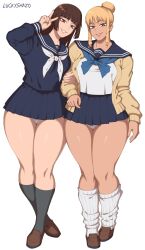 2girls asian black_socks blonde_hair blue_shirt brown_eyes brown_hair curvy brown_hair gyaru happy highres jacket japanese_(nationality) japanese_clothes jujutsu_kaisen katu-069 light_brown_eyes long_hair long_sleeves luckyshazo mimiko_(jujutsu_kaisen) miniskirt multiple_girls nanako_(jujutsu_kaisen) navy_blue_skirt pale_skin panties panties_peek school_uniform serafuku shirt shoes simple_background skirt smile socks tan tan_jacket teeth thick_thighs thighs underwear v white_background white_panties white_socks wide_hips