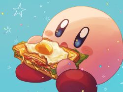 :o absurdres blue_background blue_eyes blush bread bread_slice bright_pupils cheese commentary eating food fried_egg highres holding holding_food kirby kirby_(series) lettuce nintendo open_mouth sandwich simple_background sliced_meat solo sparkle tomato vul3hl0smteyk1z white_pupils