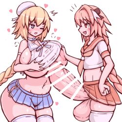 1boy 1girl 57mm androgynous areola_slip astolfo_(fate) astolfo_(sailor_paladin)_(fate) bar_censor bare_shoulders beret blonde_hair blue_eyes blush bow braid braided_ponytail breasts censored cowboy_shot crop_top crossdressing curvy fate/grand_order fate_(series) gigantic_penis gigantic_testicles grabbing_another&#039;s_breast groin groping hair_bow hat heart hetero highres huge_breasts jeanne_d&#039;arc_(fate) jeanne_d&#039;arc_(mystery_treasure)_(fate) jeanne_d&#039;arc_(swimsuit_archer)_(fate) large_areolae long_hair looking_at_another mini_hat miniskirt navel paizuri paizuri_under_clothes penis pink_eyes pink_hair sailor_collar sideboob sidelocks skirt standing_paizuri sweat testicles thick_thighs thighhighs thighs trap trap_on_female underboob veins veiny_penis very_long_hair wide_hips