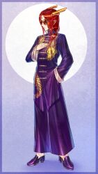1boy alternate_costume border chinese_clothes commentary_request dragon_boy dragon_horns dragon_print eastern_dragon_horns facial_mark forehead_mark full_body gradient_background hand_in_pocket hand_on_own_chest highres horns hua_zhuotian_(shinku_castle) long_hair looking_at_viewer looking_to_the_side low-tied_long_hair male_focus monster_boy orange_eyes orange_scales original pants pointy_ears profile purple_background purple_border purple_pants purple_shirt purple_shoes red_hair round_eyewear shinku_castle shirt shoes solo tabletop_rpg tangzhuang tinted_eyewear yellow-framed_eyewear yellow_horns