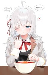 1girl @_@ absurdres alisa_mikhailovna_kujou blue_eyes bow bowl breasts chopsticks closed_mouth eating hair_between_eyes hair_ornament heart highres holding holding_chopsticks large_breasts long_sleeves one_eye_closed pout red_bow school_uniform simple_background solo spicy spoken_heart sweat taro_(303_taroo) tokidoki_bosotto_roshia-go_de_dereru_tonari_no_alya-san white_background white_hair